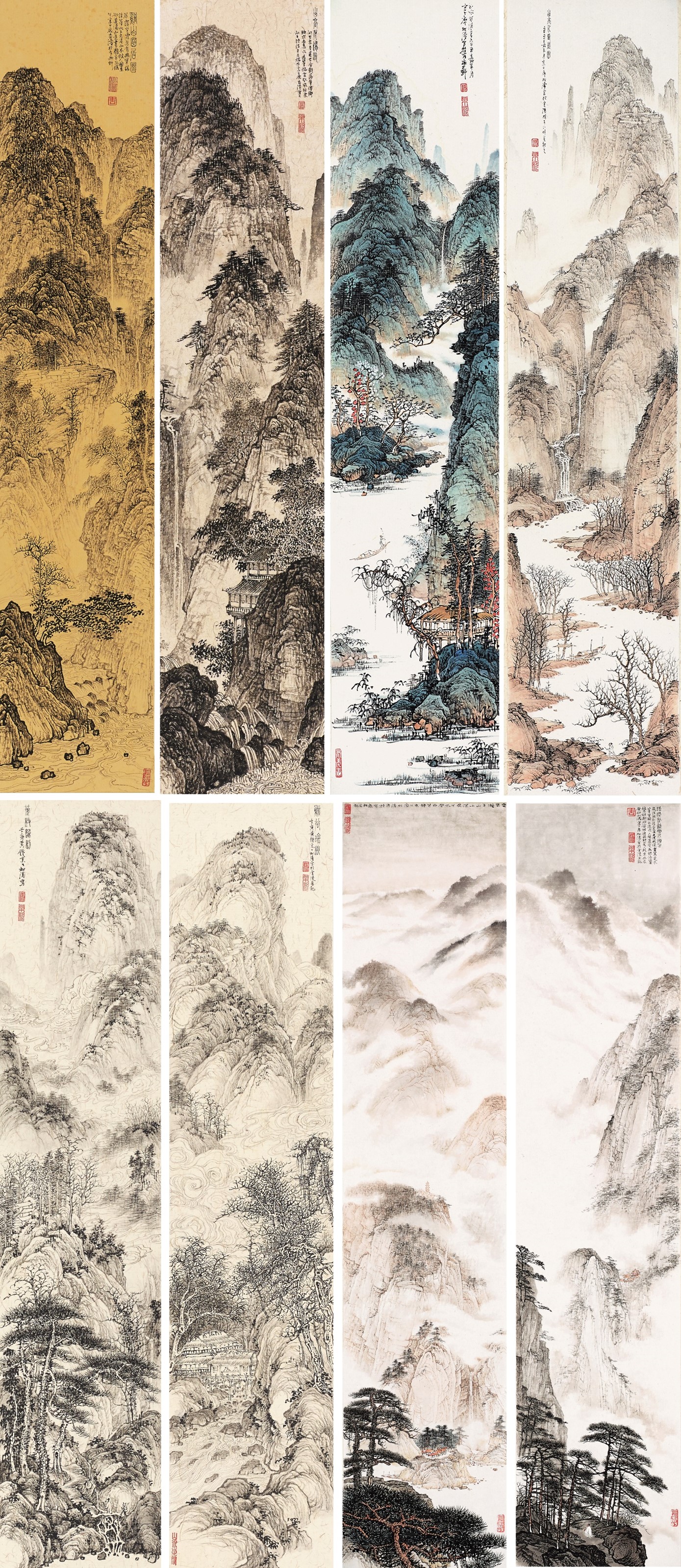 <h2>山水八屏</h2><p>作者：廖松涛</p><p>创作年代：2021 2023年</p><p>规格：32cm×6.5cm×2
33cm×7cm×2
33cm×10cm×2
32cm×7cm×2
</p>品类：半熟硬卡</p>